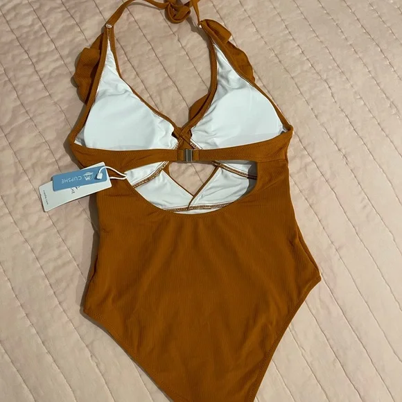 NWT Cupshe Women’s One Piece Tie Neck Swimsuit Burnt Orange sz M - Picture 2 of 4
